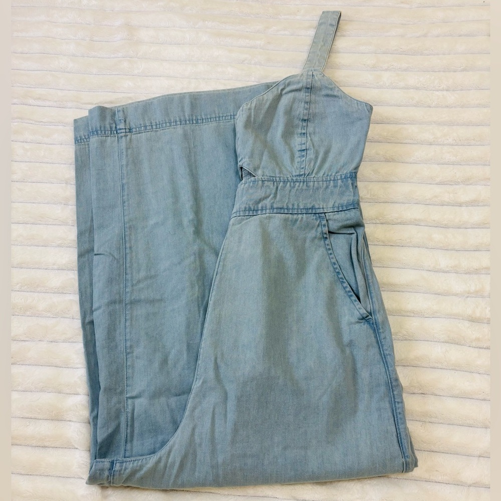 Aerie twill cutout jumpsuit, sz S | boho wide leg denim summer cropped overalls - Picture 11 of 13